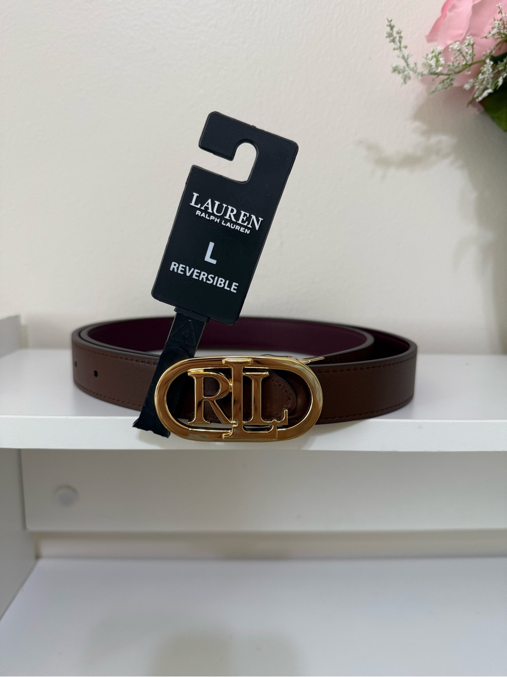 Lauren Ralph Lauren Brown To Burgundy Reversible Belt with Gold RL Buckle